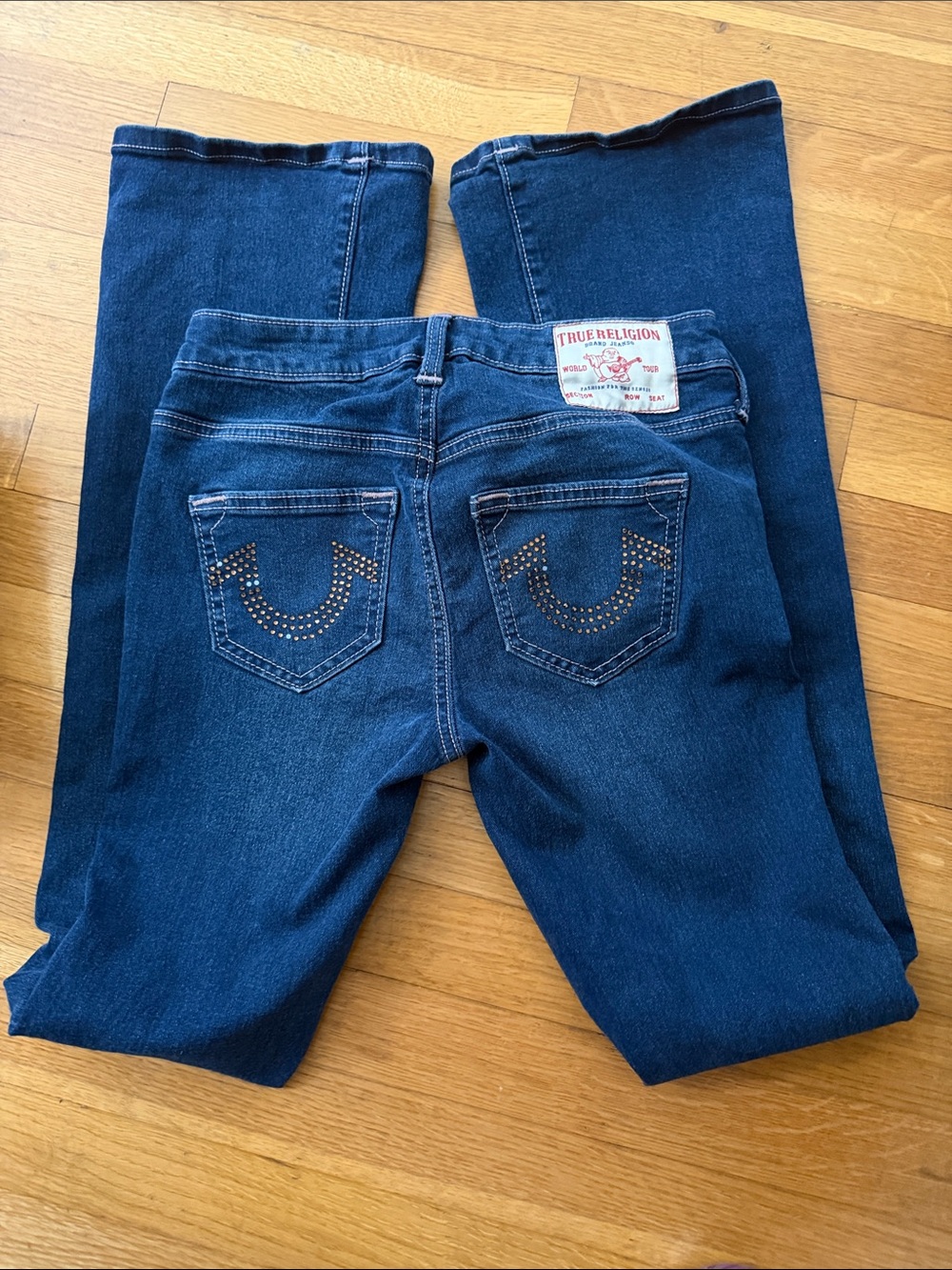 True Religion Women's Dark Blue Boot-Cut Jeans with Studded Back Pockets